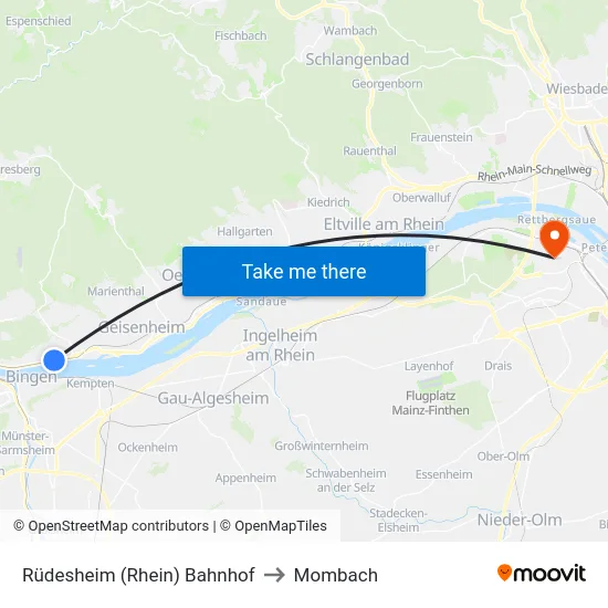 Rüdesheim (Rhein) Bahnhof to Mombach map