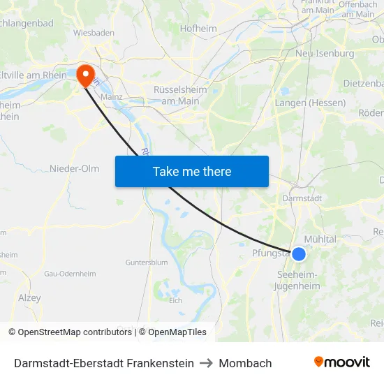 Darmstadt-Eberstadt Frankenstein to Mombach map