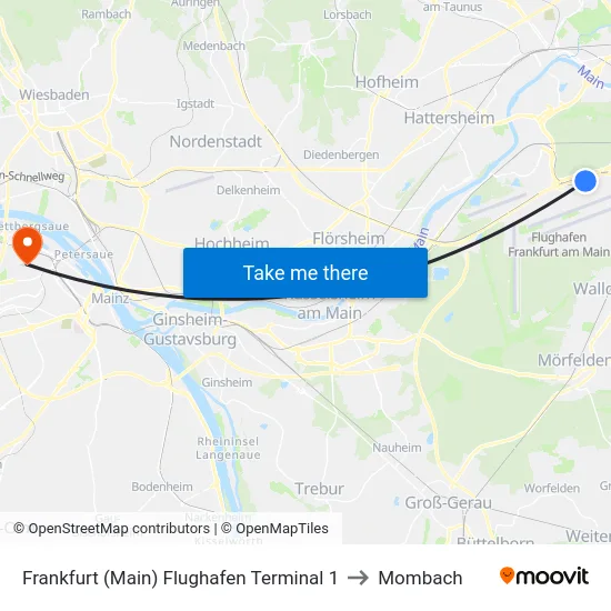 Frankfurt (Main) Flughafen Terminal 1 to Mombach map