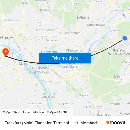 Frankfurt (Main) Flughafen Terminal 1 to Mombach map