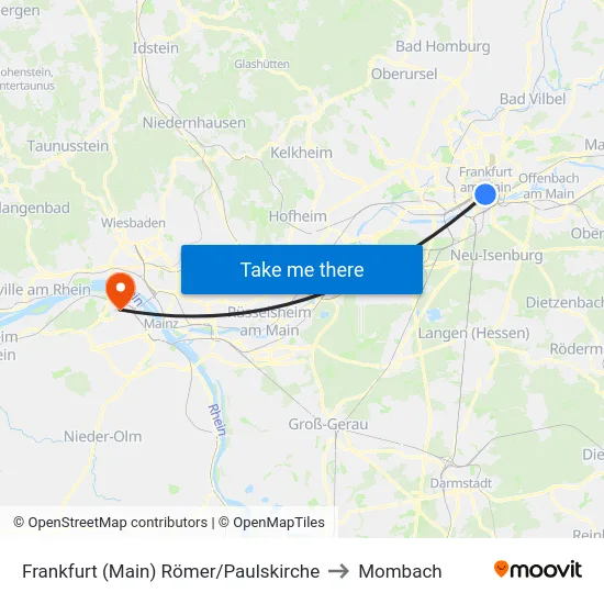 Frankfurt (Main) Römer/Paulskirche to Mombach map