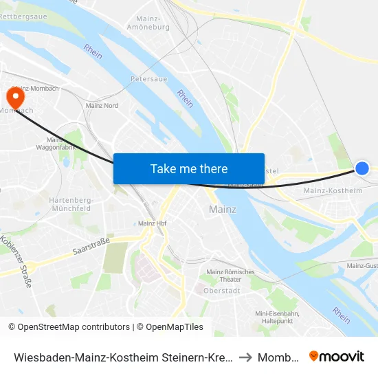 Wiesbaden-Mainz-Kostheim Steinern-Kreuz-Weg to Mombach map