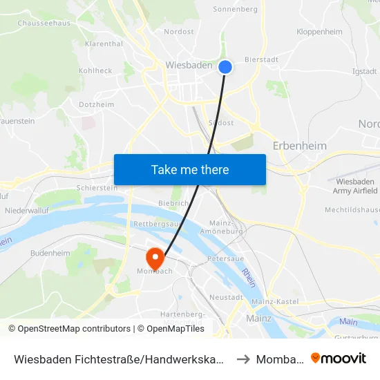 Wiesbaden Fichtestraße/Handwerkskammer to Mombach map