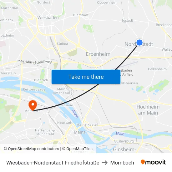 Wiesbaden-Nordenstadt Friedhofstraße to Mombach map