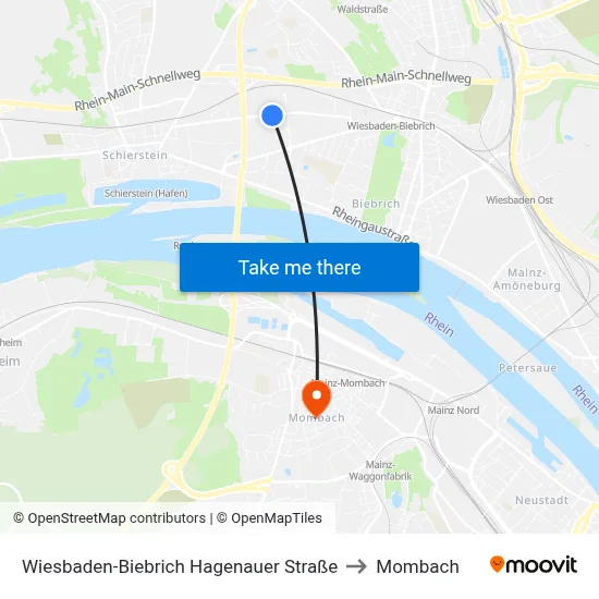 Wiesbaden-Biebrich Hagenauer Straße to Mombach map