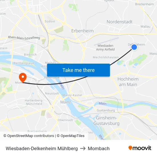 Wiesbaden-Delkenheim Mühlberg to Mombach map