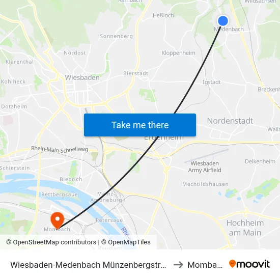 Wiesbaden-Medenbach Münzenbergstraße to Mombach map