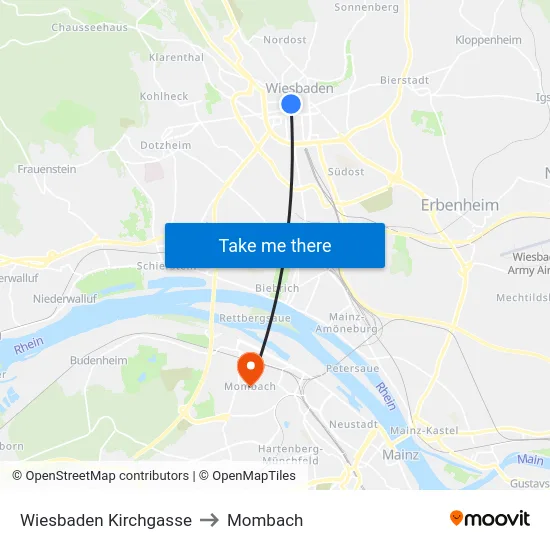 Wiesbaden Kirchgasse to Mombach map