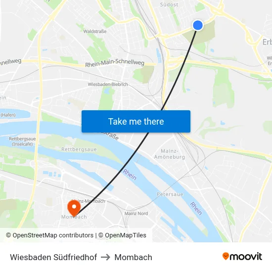 Wiesbaden Südfriedhof to Mombach map