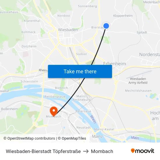 Wiesbaden-Bierstadt Töpferstraße to Mombach map