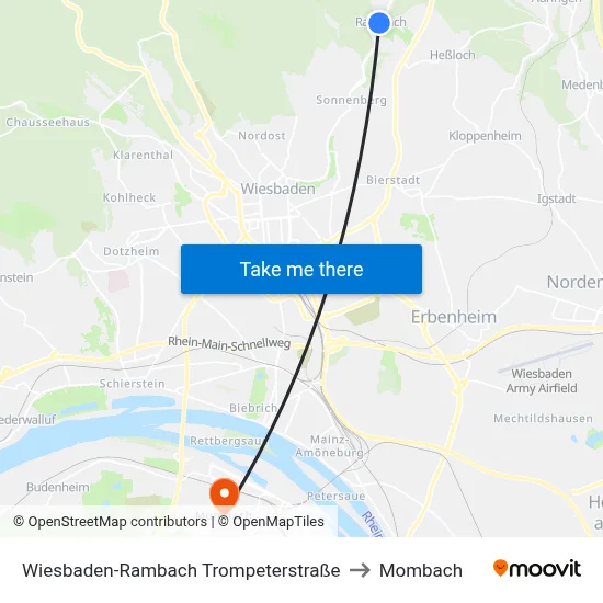 Wiesbaden-Rambach Trompeterstraße to Mombach map