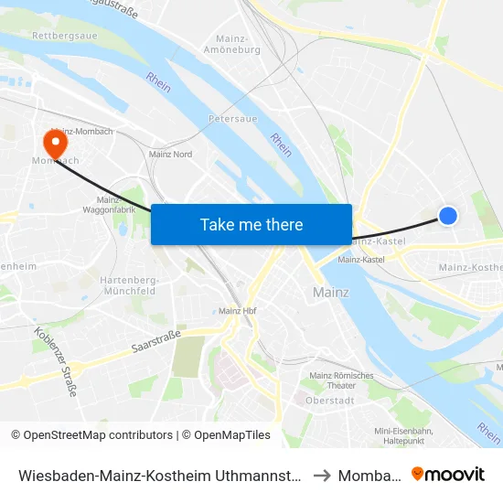 Wiesbaden-Mainz-Kostheim Uthmannstraße to Mombach map