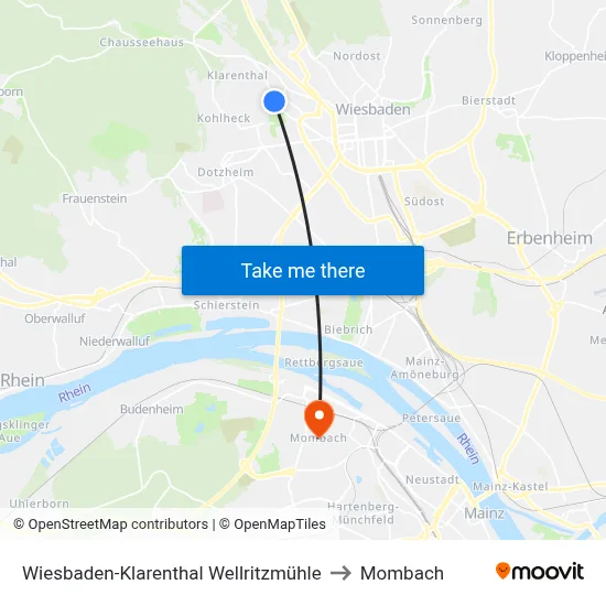 Wiesbaden-Klarenthal Wellritzmühle to Mombach map