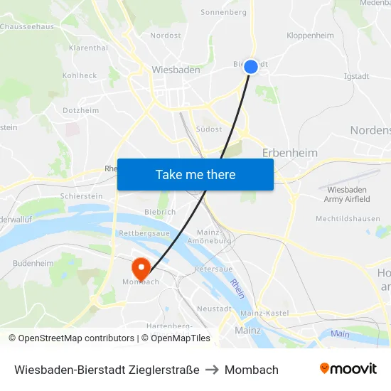 Wiesbaden-Bierstadt Zieglerstraße to Mombach map