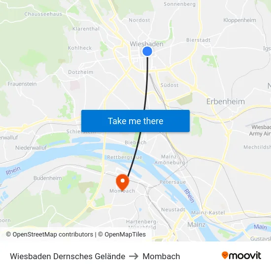 Wiesbaden Dernsches Gelände to Mombach map