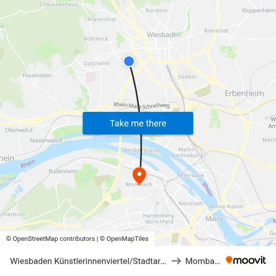 Wiesbaden Künstlerinnenviertel/Stadtarchiv to Mombach map