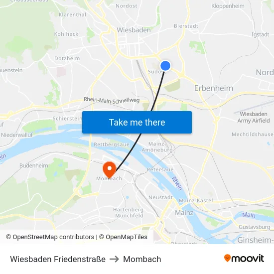 Wiesbaden Friedenstraße to Mombach map