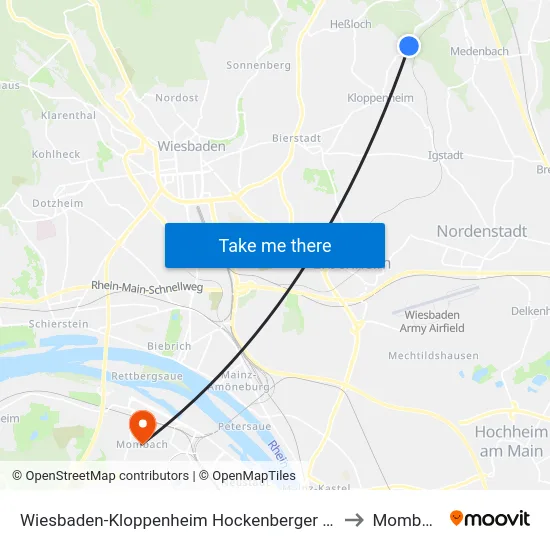 Wiesbaden-Kloppenheim Hockenberger Mühle to Mombach map
