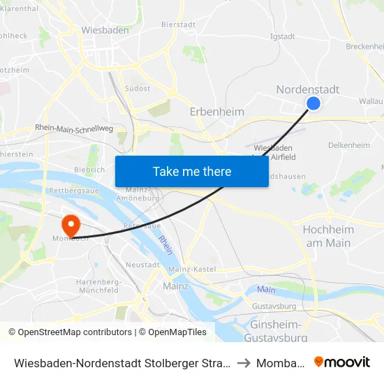 Wiesbaden-Nordenstadt Stolberger Straße to Mombach map