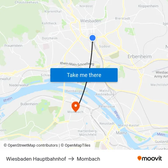 Wiesbaden Hauptbahnhof to Mombach map