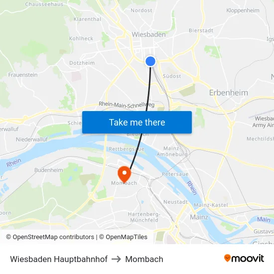 Wiesbaden Hauptbahnhof to Mombach map