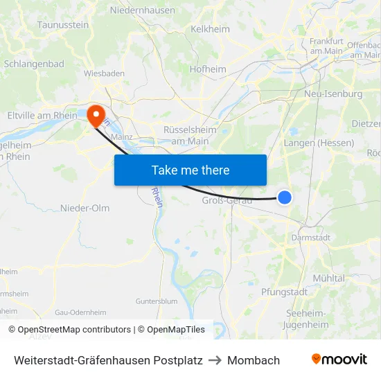 Weiterstadt-Gräfenhausen Postplatz to Mombach map