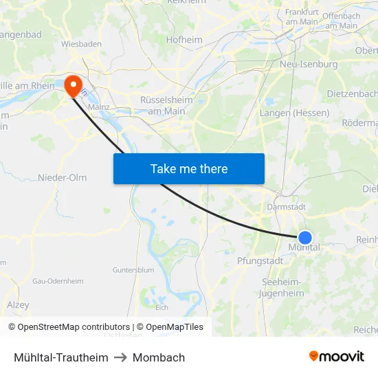 Mühltal-Trautheim to Mombach map