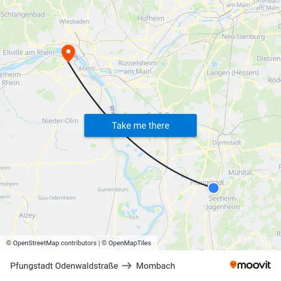Pfungstadt Odenwaldstraße to Mombach map