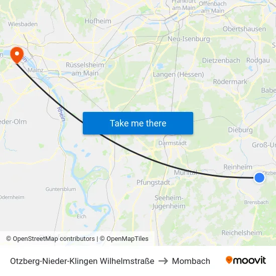 Otzberg-Nieder-Klingen Wilhelmstraße to Mombach map