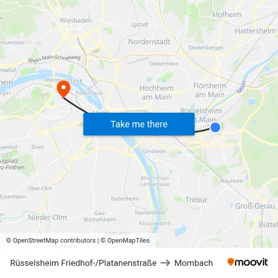 Rüsselsheim Friedhof-/Platanenstraße to Mombach map