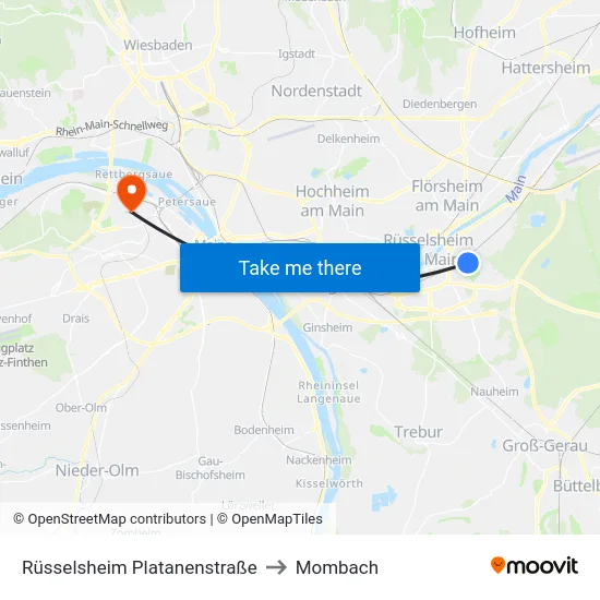 Rüsselsheim Platanenstraße to Mombach map