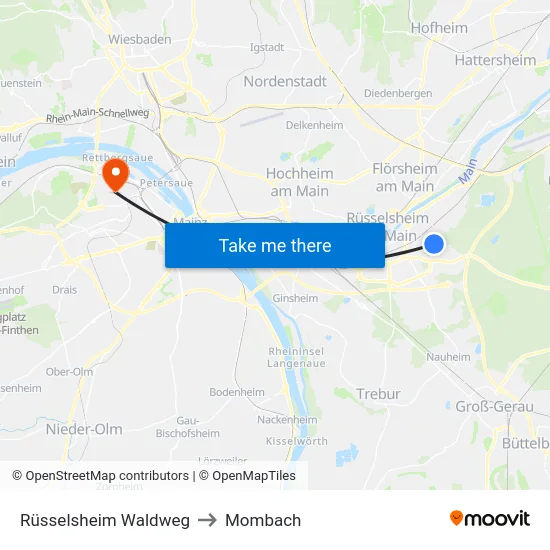 Rüsselsheim Waldweg to Mombach map