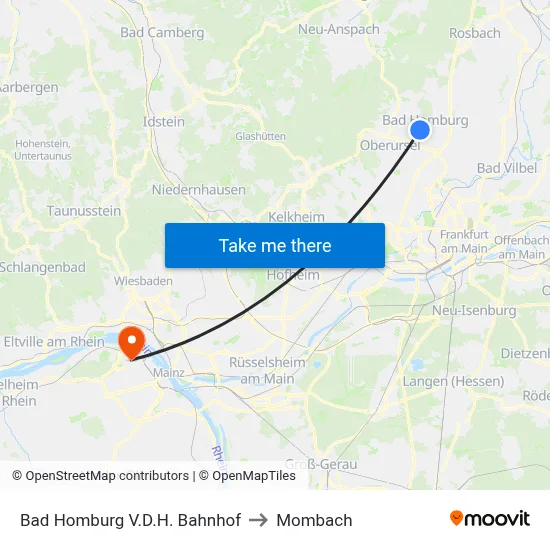 Bad Homburg V.D.H. Bahnhof to Mombach map