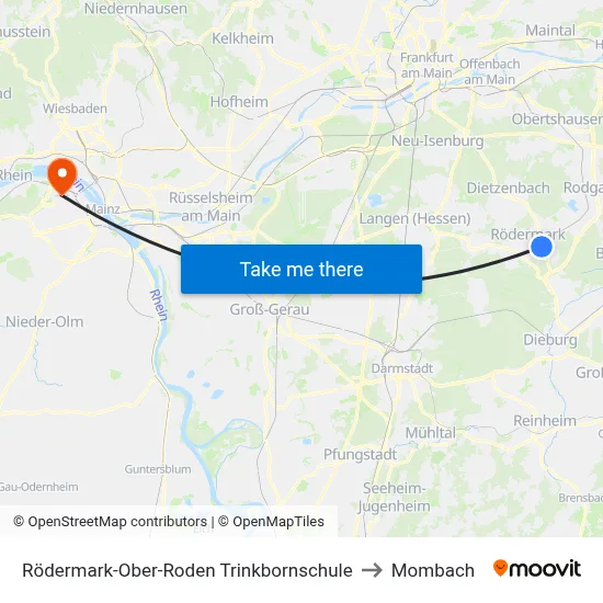 Rödermark-Ober-Roden Trinkbornschule to Mombach map