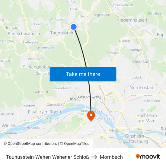 Taunusstein-Wehen Wehener Schloß to Mombach map