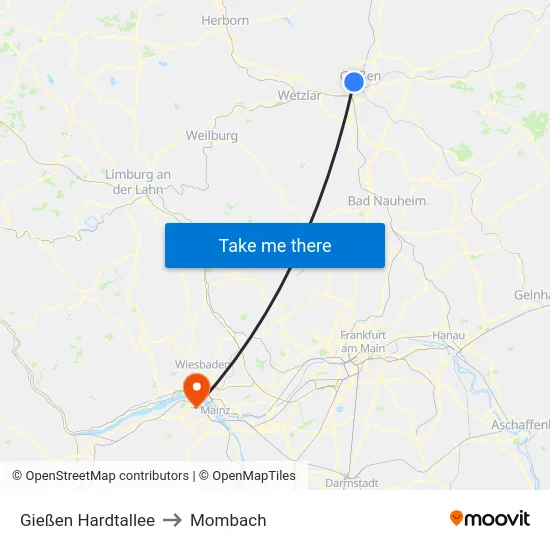 Gießen Hardtallee to Mombach map