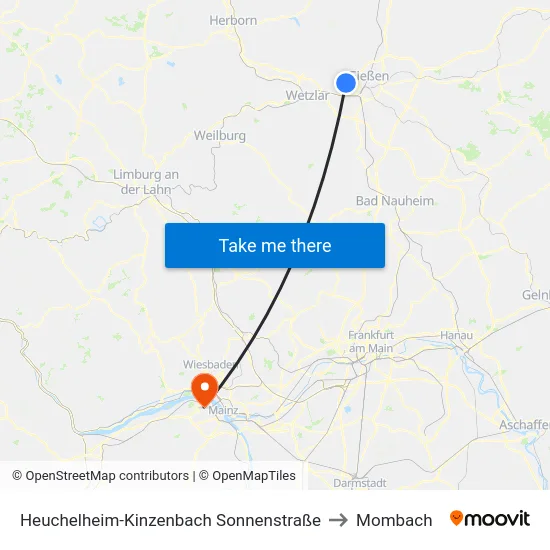 Heuchelheim-Kinzenbach Sonnenstraße to Mombach map