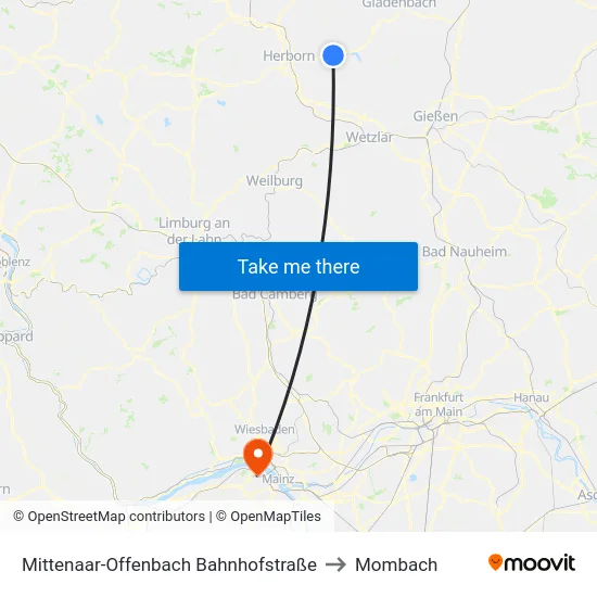 Mittenaar-Offenbach Bahnhofstraße to Mombach map