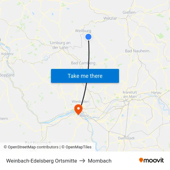 Weinbach-Edelsberg Ortsmitte to Mombach map