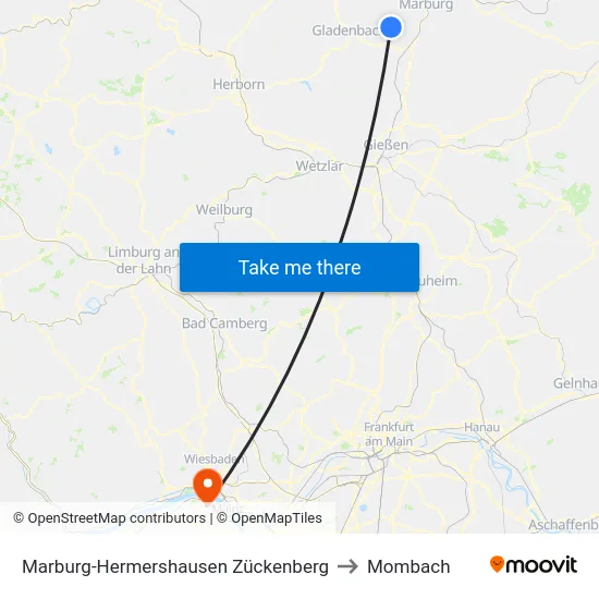 Marburg-Hermershausen Zückenberg to Mombach map