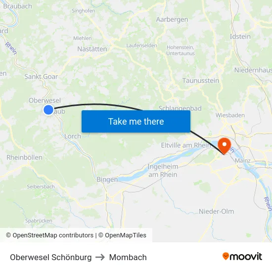 Oberwesel Schönburg to Mombach map