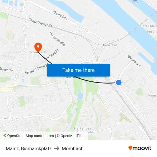 Mainz, Bismarckplatz to Mombach map