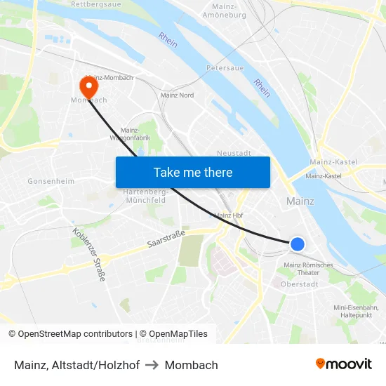 Mainz, Altstadt/Holzhof to Mombach map