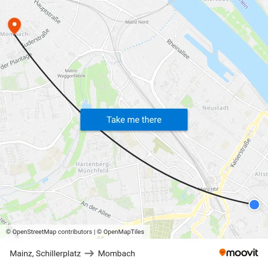 Mainz, Schillerplatz to Mombach map