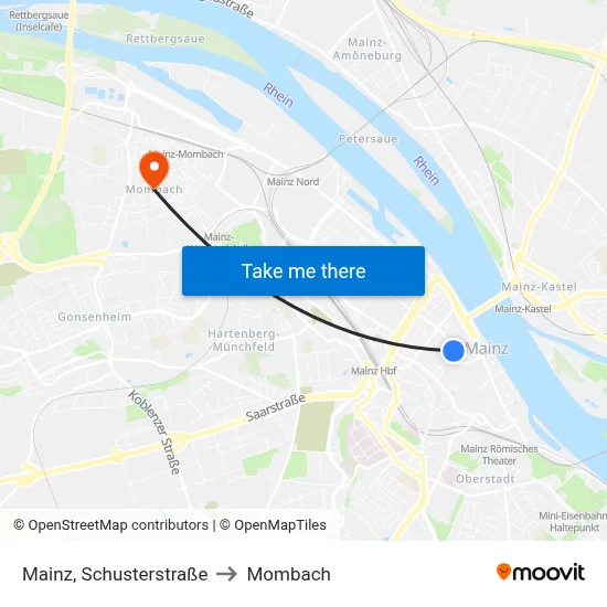 Mainz, Schusterstraße to Mombach map