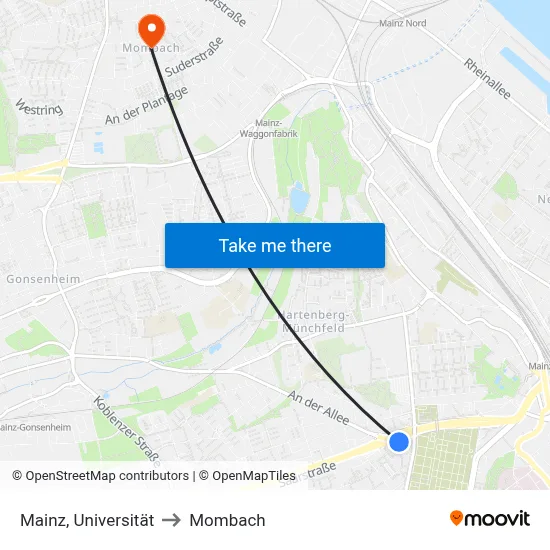 Mainz, Universität to Mombach map