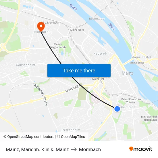 Mainz, Marienh. Klinik. Mainz to Mombach map