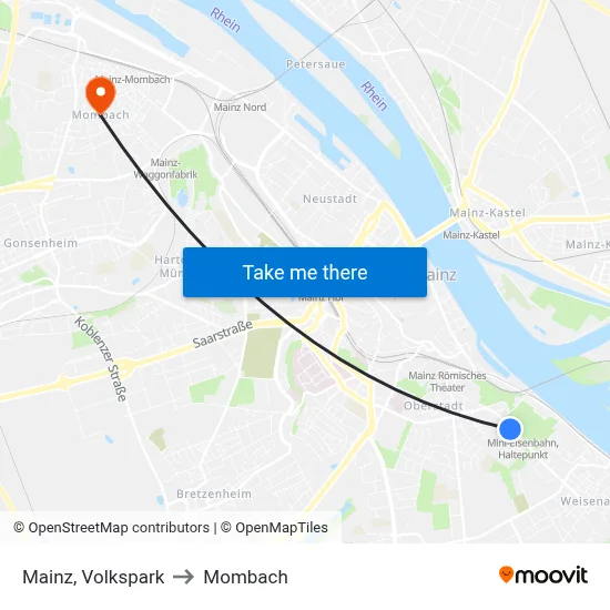 Mainz, Volkspark to Mombach map