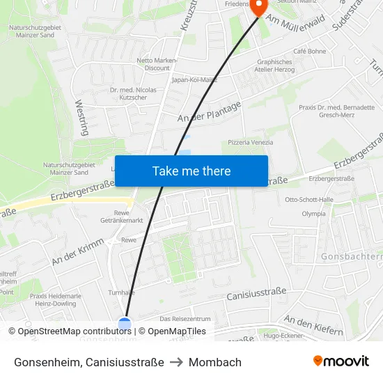 Gonsenheim, Canisiusstraße to Mombach map