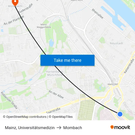 Mainz, Universitätsmedizin to Mombach map